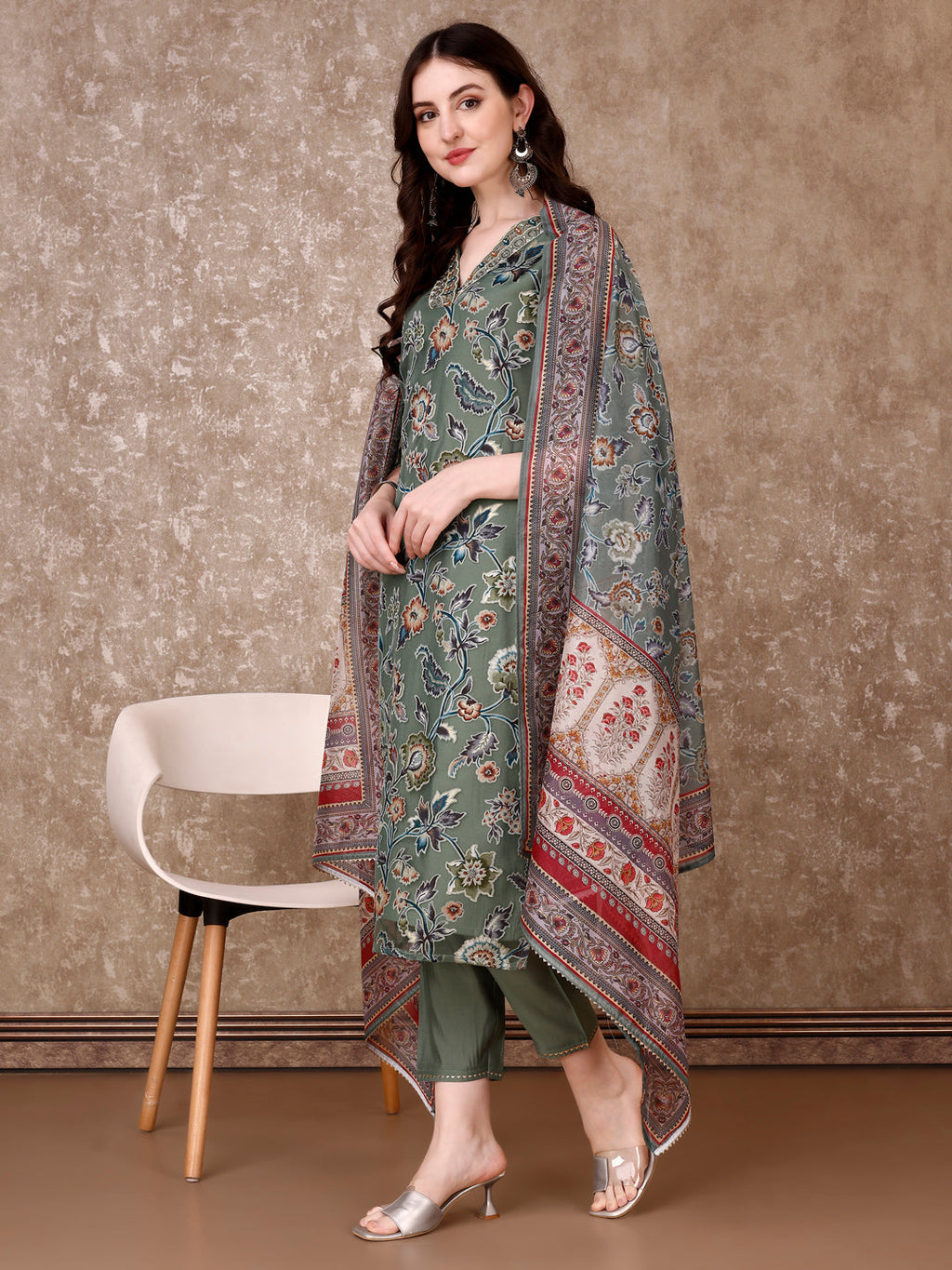 Hand Embroidered & Brasso Kurta With Pant & Organza Printed Dupatta, Green - Hiral Fashion | Grocsy