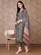 Hand Embroidered & Brasso Kurta With Pant & Organza Printed Dupatta, Green - Hiral Fashion | Grocsy