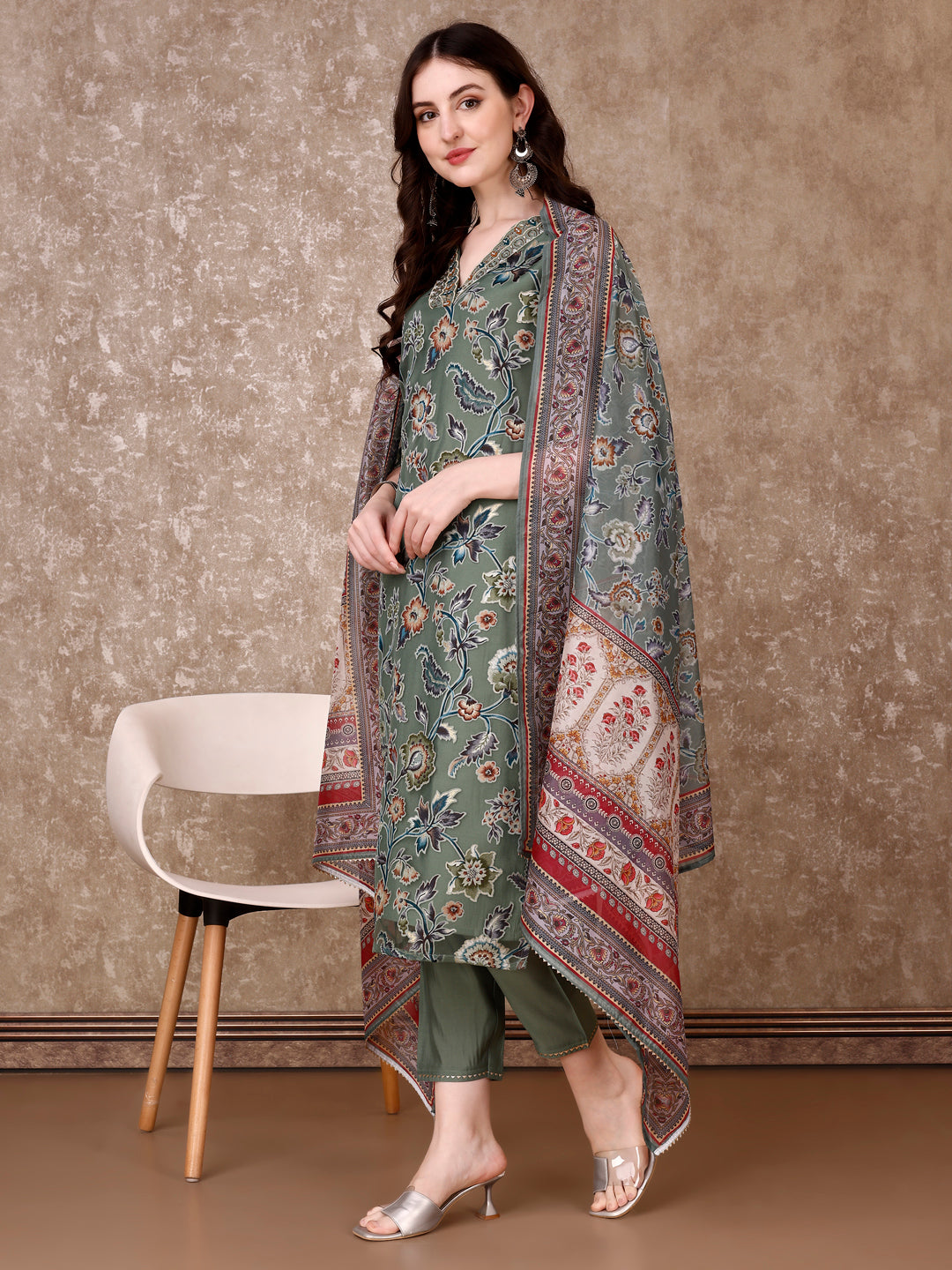 Hand Embroidered & Brasso Kurta With Pant & Organza Printed Dupatta, Green - Hiral Fashion | Grocsy