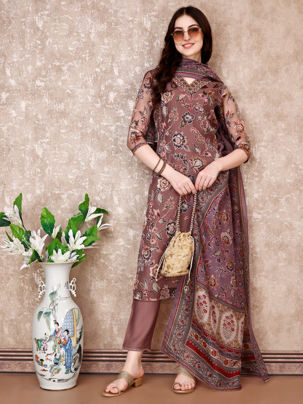 Hand Embroidered & Brasso Kurta With Pant & Organza Printed Dupatta, Purple - Hiral Fashion | Grocsy