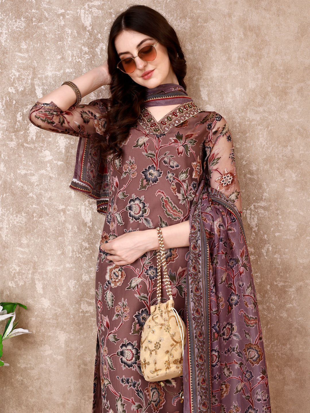 Hand Embroidered & Brasso Kurta With Pant & Organza Printed Dupatta, Purple - Hiral Fashion | Grocsy