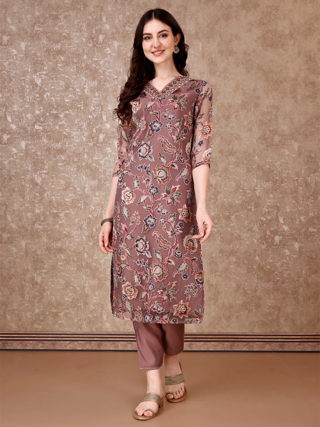Hand Embroidered & Brasso Kurta With Pant & Organza Printed Dupatta, Purple - Hiral Fashion | Grocsy