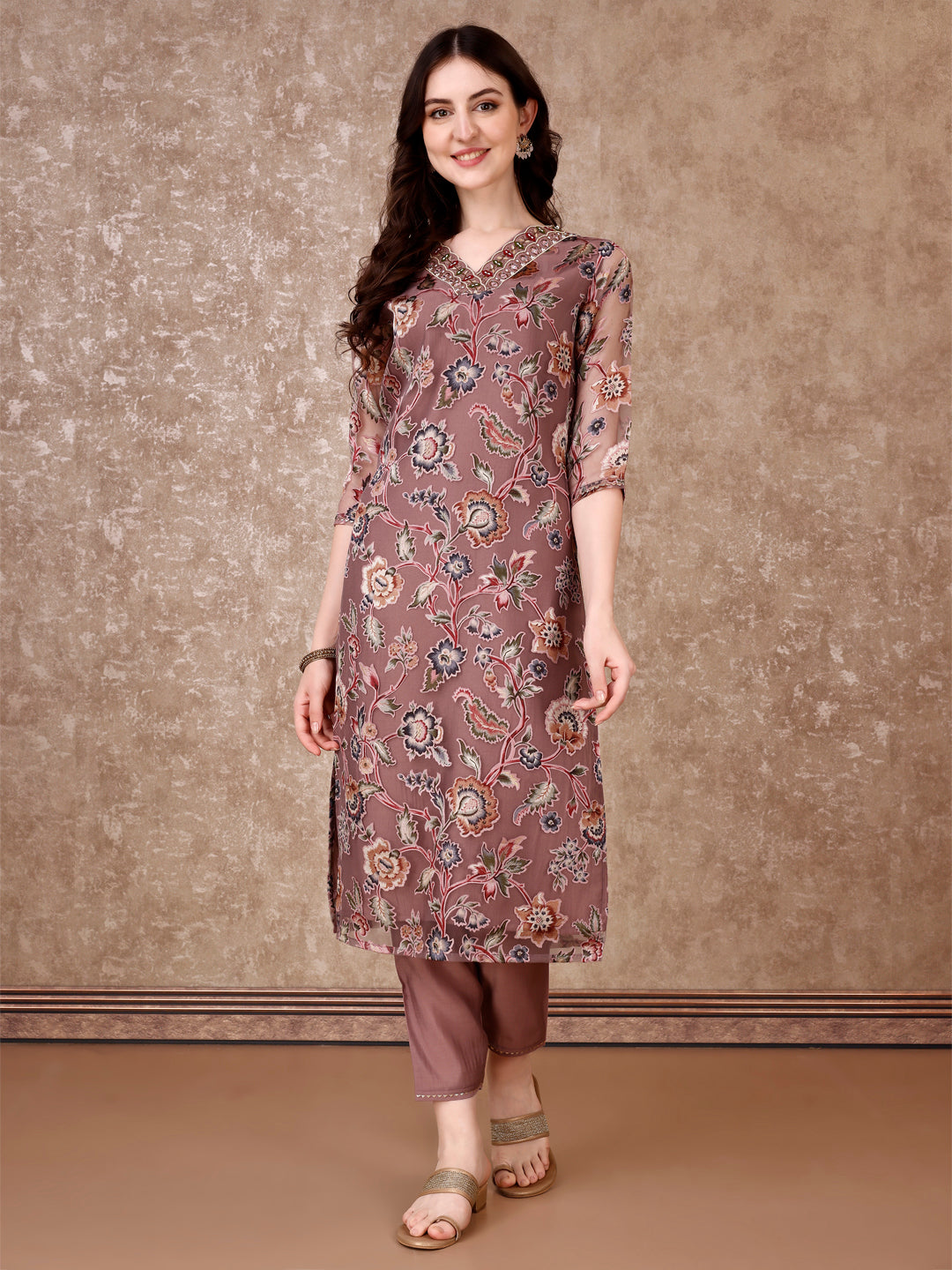 Hand Embroidered & Brasso Kurta With Pant & Organza Printed Dupatta, Purple - Hiral Fashion | Grocsy