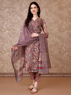 Hand Embroidered & Brasso Kurta With Pant & Organza Printed Dupatta, Purple - Hiral Fashion | Grocsy