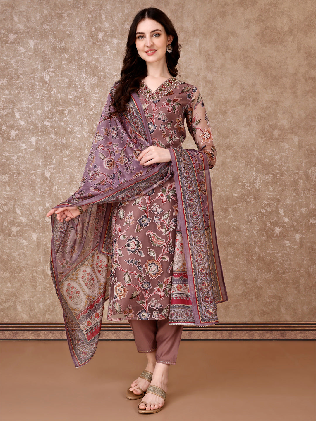 Hand Embroidered & Brasso Kurta With Pant & Organza Printed Dupatta, Purple - Hiral Fashion | Grocsy