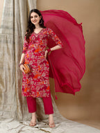Embroidered & Floral Printed Kurta With Pant & Dupatta, Rani - Hiral Fashion | Grocsy
