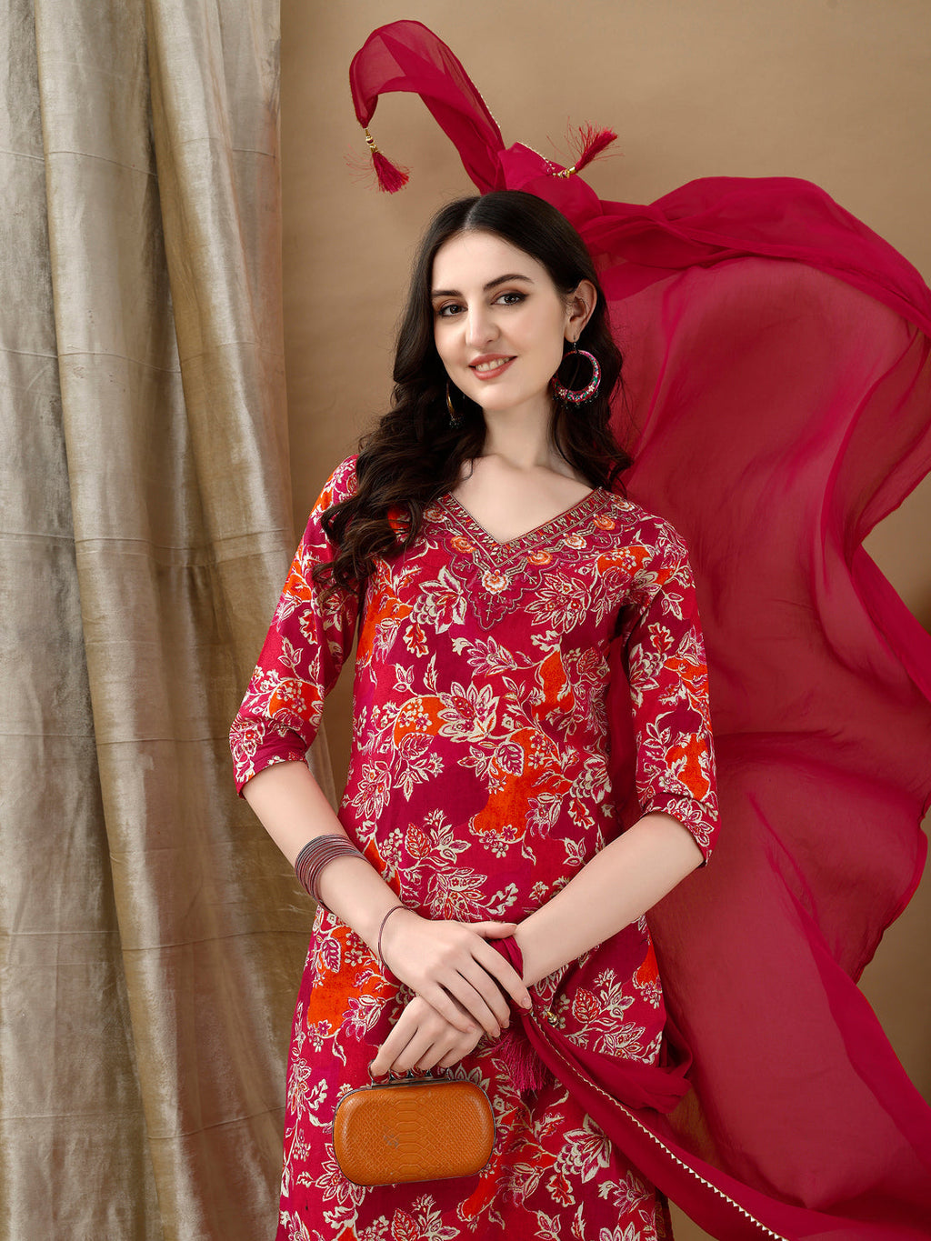 Embroidered & Floral Printed Kurta With Pant & Dupatta, Rani - Hiral Fashion | Grocsy