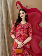 Embroidered & Floral Printed Kurta With Pant & Dupatta, Rani - Hiral Fashion | Grocsy