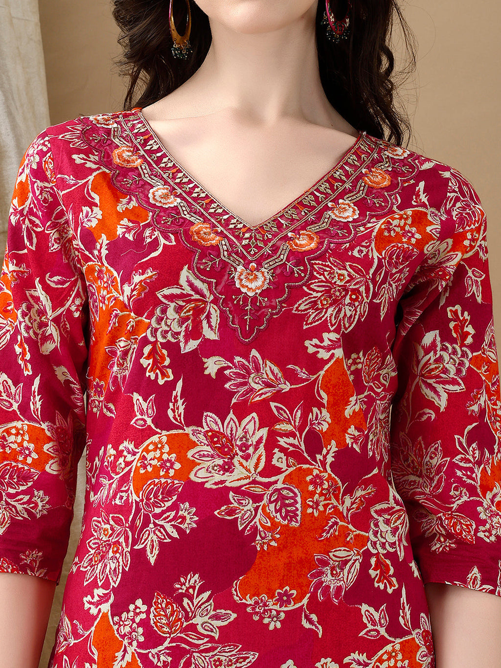 Embroidered & Floral Printed Kurta With Pant & Dupatta, Rani - Hiral Fashion | Grocsy