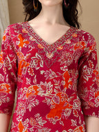Embroidered & Floral Printed Kurta With Pant & Dupatta, Rani - Hiral Fashion | Grocsy