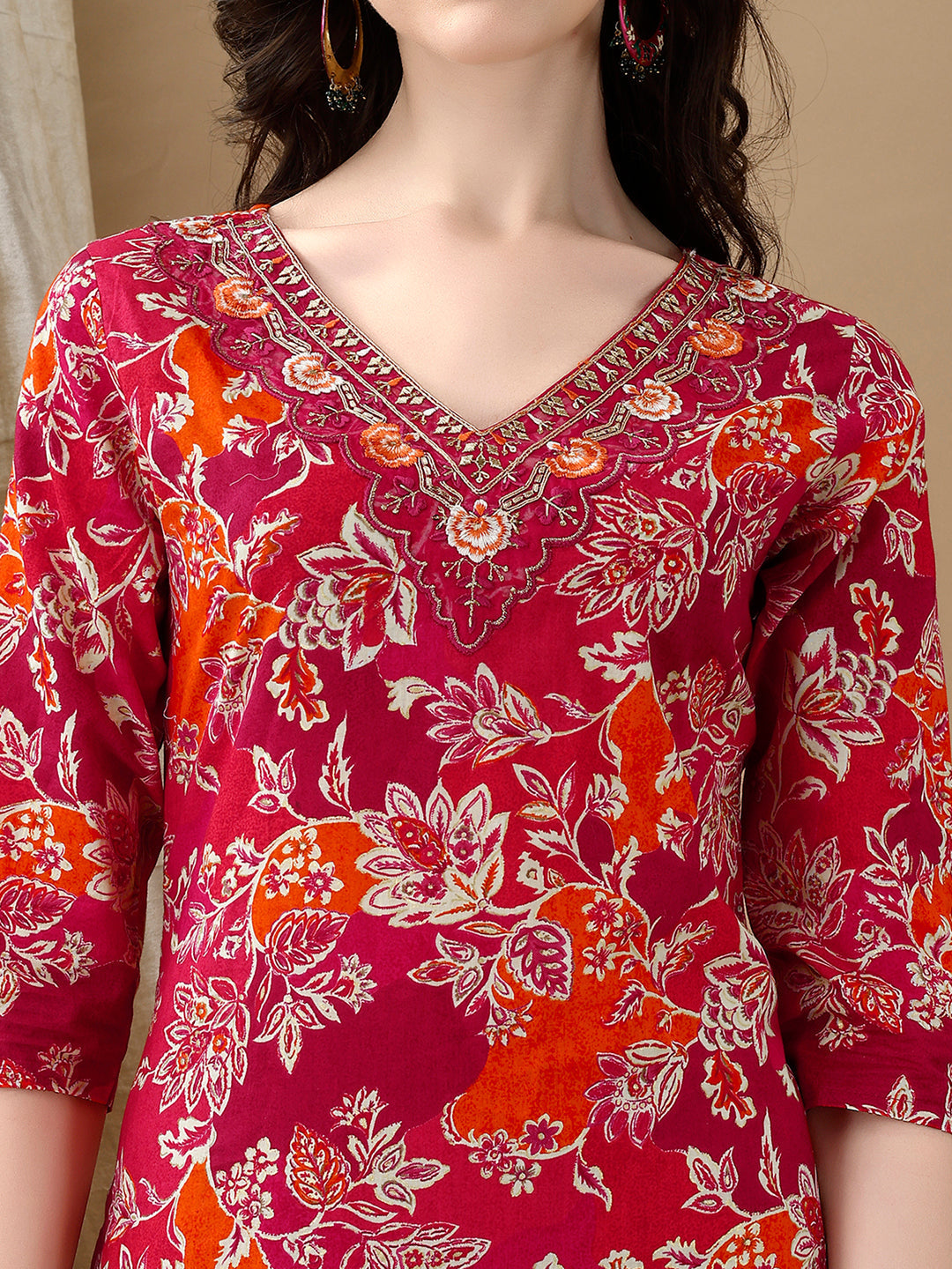 Embroidered & Floral Printed Kurta With Pant & Dupatta, Rani - Hiral Fashion | Grocsy