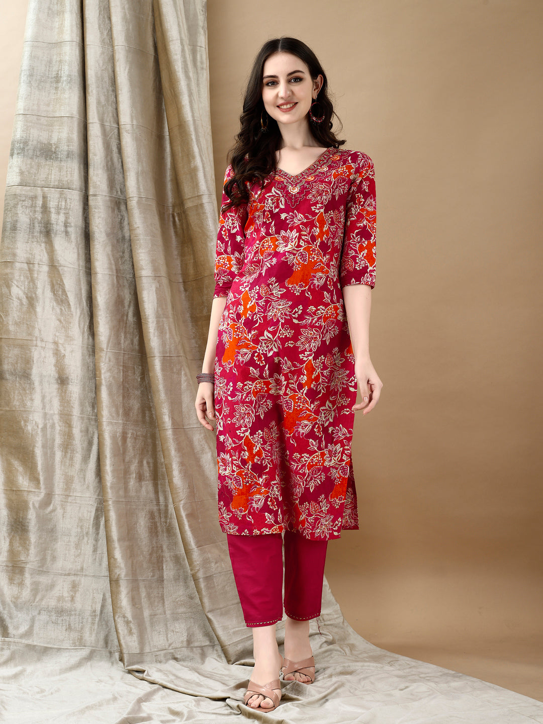 Embroidered & Floral Printed Kurta With Pant & Dupatta, Rani - Hiral Fashion | Grocsy