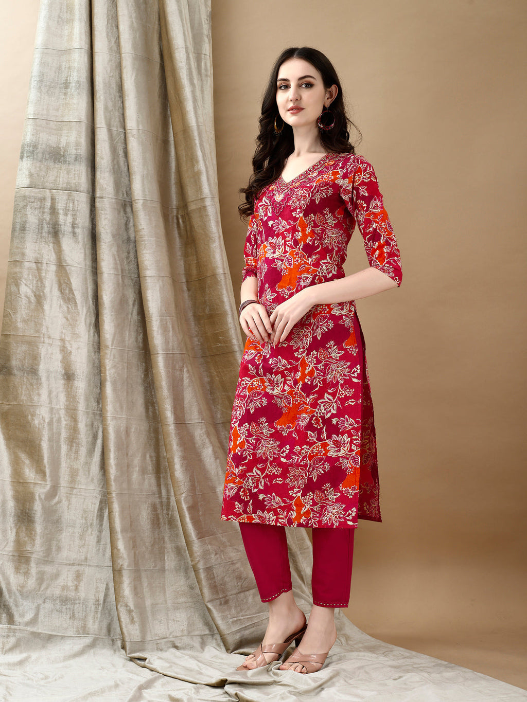 Embroidered & Floral Printed Kurta With Pant & Dupatta, Rani - Hiral Fashion | Grocsy