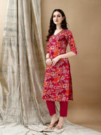 Embroidered & Floral Printed Kurta With Pant & Dupatta, Rani - Hiral Fashion | Grocsy