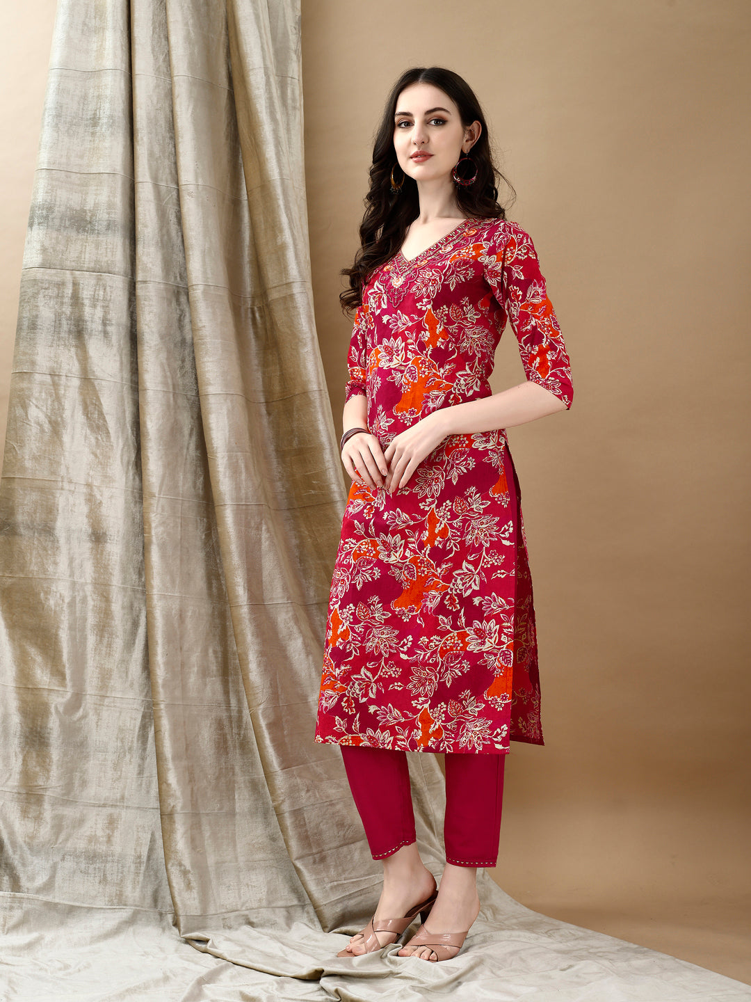 Embroidered & Floral Printed Kurta With Pant & Dupatta, Rani - Hiral Fashion | Grocsy