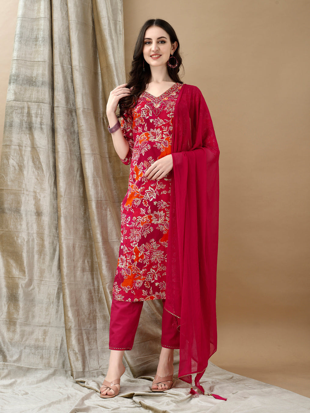 Embroidered & Floral Printed Kurta With Pant & Dupatta, Rani - Hiral Fashion | Grocsy