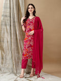 Embroidered & Floral Printed Kurta With Pant & Dupatta, Rani - Hiral Fashion | Grocsy