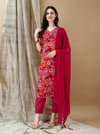 Embroidered & Floral Printed Kurta With Pant & Dupatta, Rani - Hiral Fashion | Grocsy