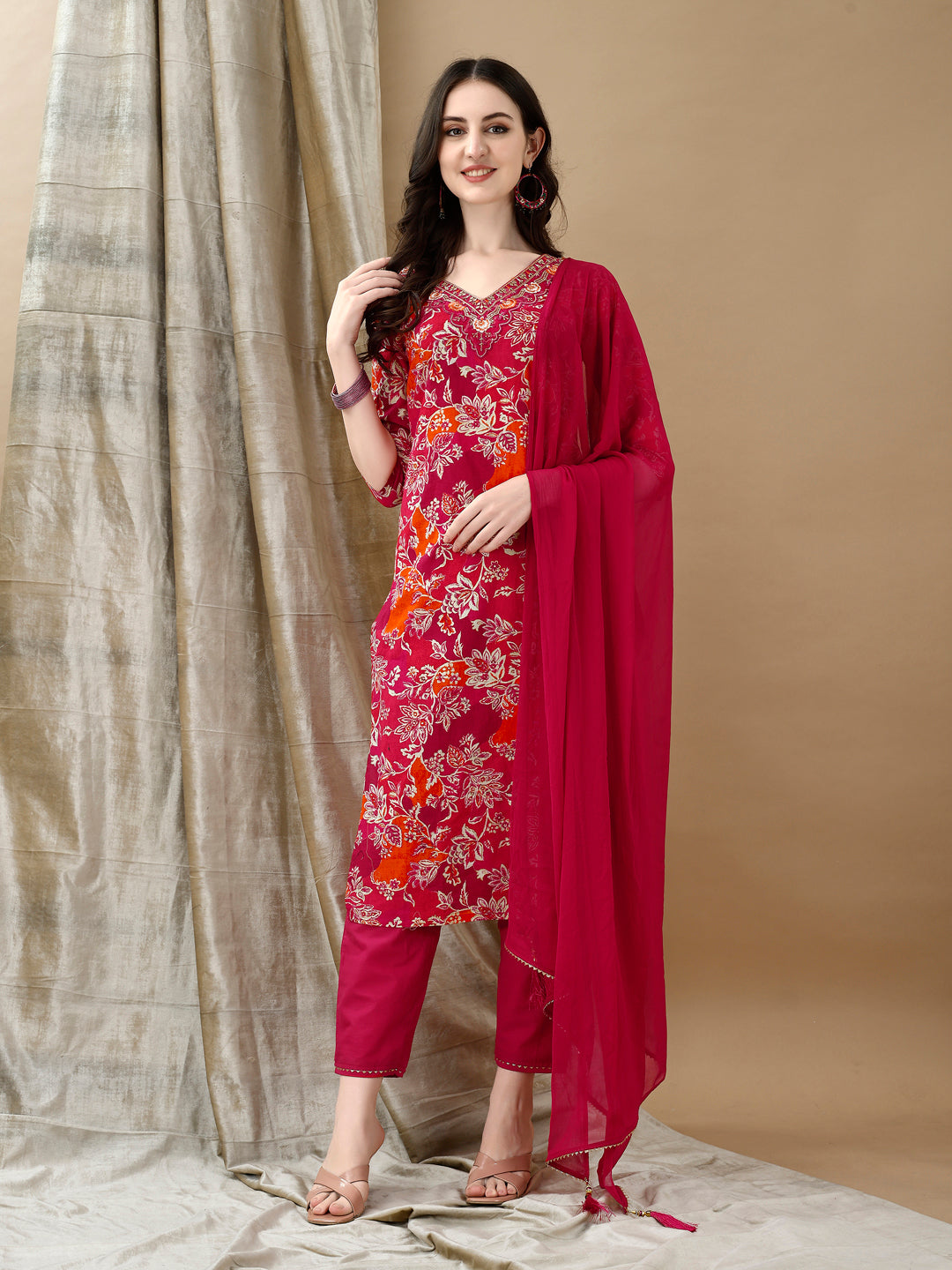 Embroidered & Floral Printed Kurta With Pant & Dupatta, Rani - Hiral Fashion | Grocsy