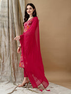 Embroidered & Floral Printed Kurta With Pant & Dupatta, Rani - Hiral Fashion | Grocsy