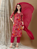 Embroidered & Floral Printed Kurta With Pant & Dupatta, Rani - Hiral Fashion | Grocsy