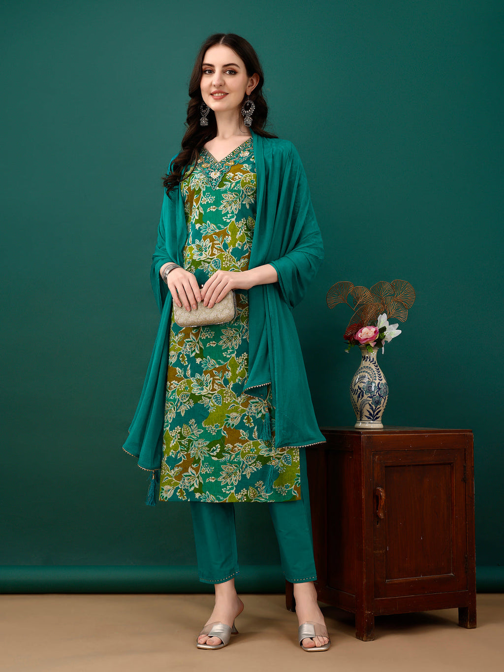 Embroidered & Floral Printed Kurta With Pant & Dupatta, Teal - Hiral Fashion | Grocsy