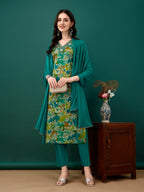 Embroidered & Floral Printed Kurta With Pant & Dupatta, Teal - Hiral Fashion | Grocsy