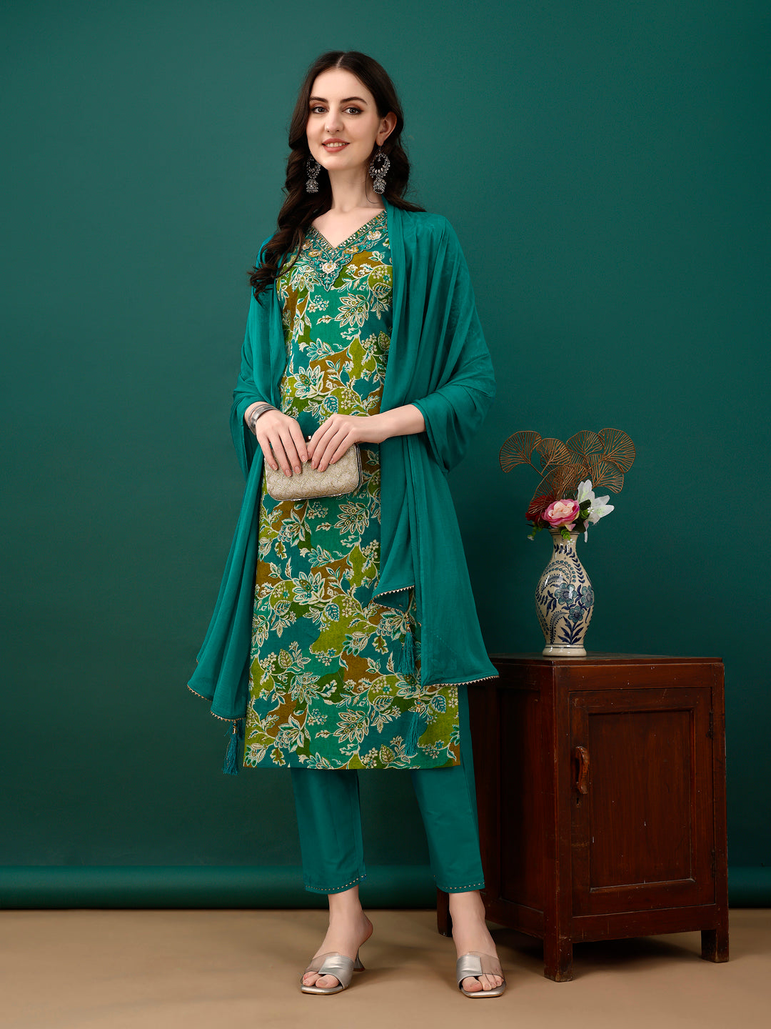 Embroidered & Floral Printed Kurta With Pant & Dupatta, Teal - Hiral Fashion | Grocsy