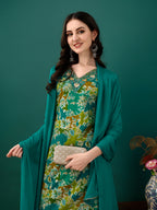 Embroidered & Floral Printed Kurta With Pant & Dupatta, Teal - Hiral Fashion | Grocsy