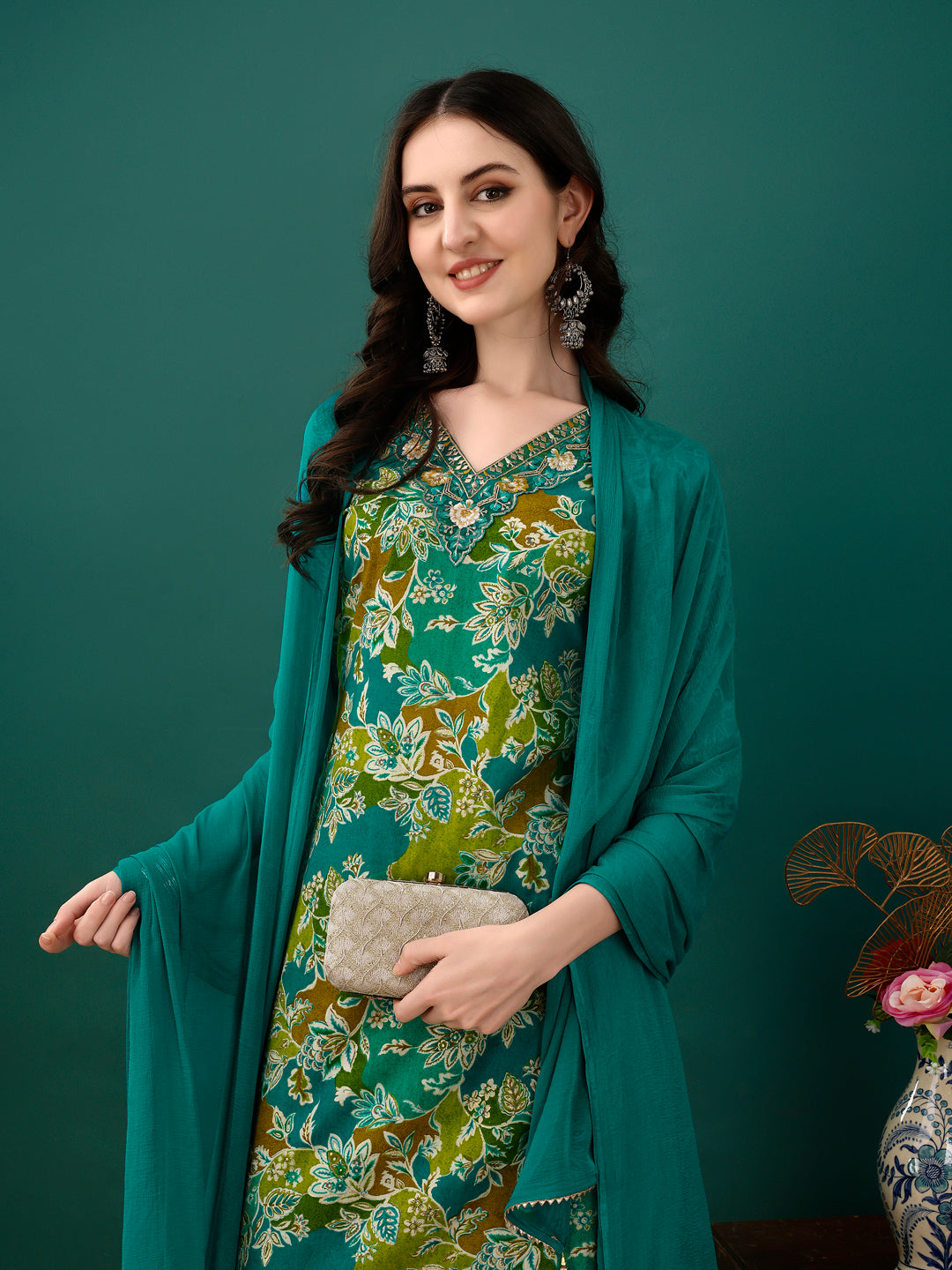 Embroidered & Floral Printed Kurta With Pant & Dupatta, Teal - Hiral Fashion | Grocsy