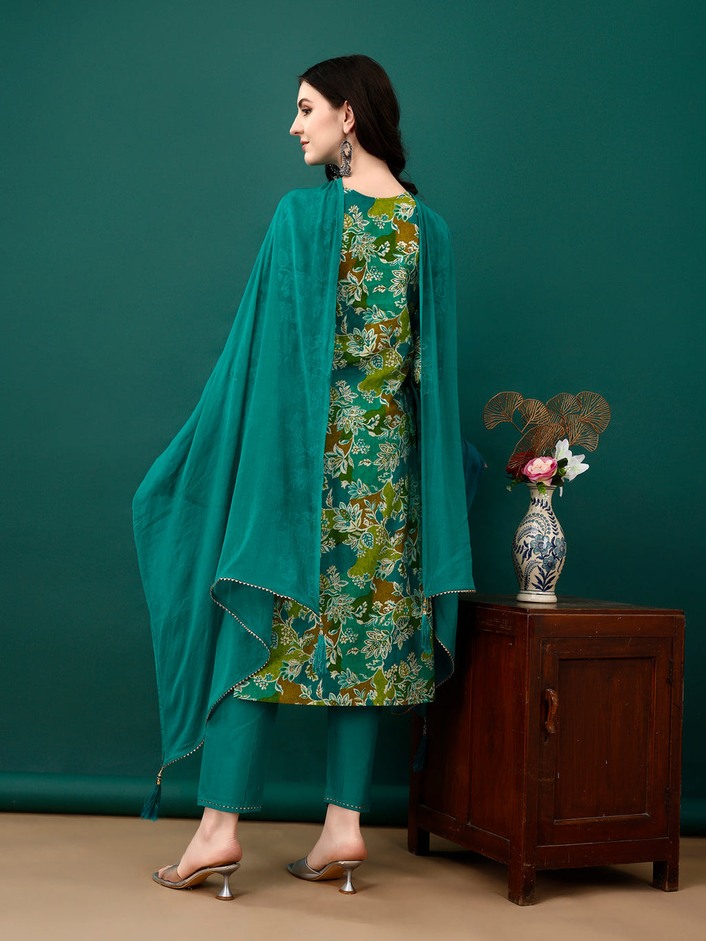 Embroidered & Floral Printed Kurta With Pant & Dupatta, Teal - Hiral Fashion | Grocsy