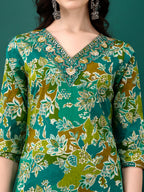 Embroidered & Floral Printed Kurta With Pant & Dupatta, Teal - Hiral Fashion | Grocsy