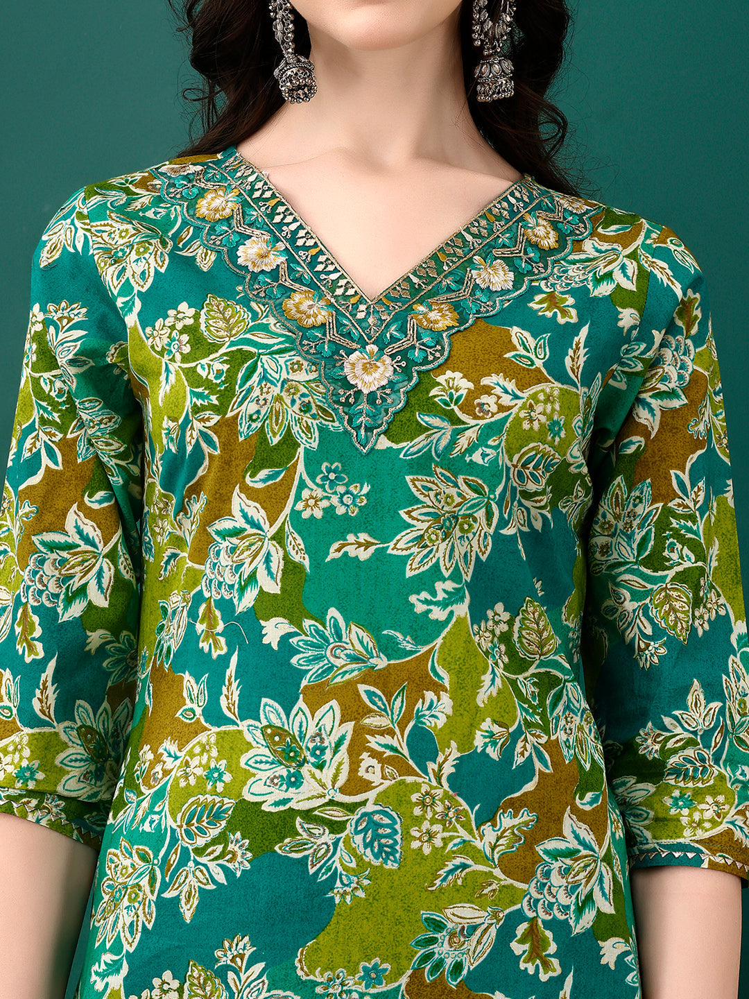 Embroidered & Floral Printed Kurta With Pant & Dupatta, Teal - Hiral Fashion | Grocsy