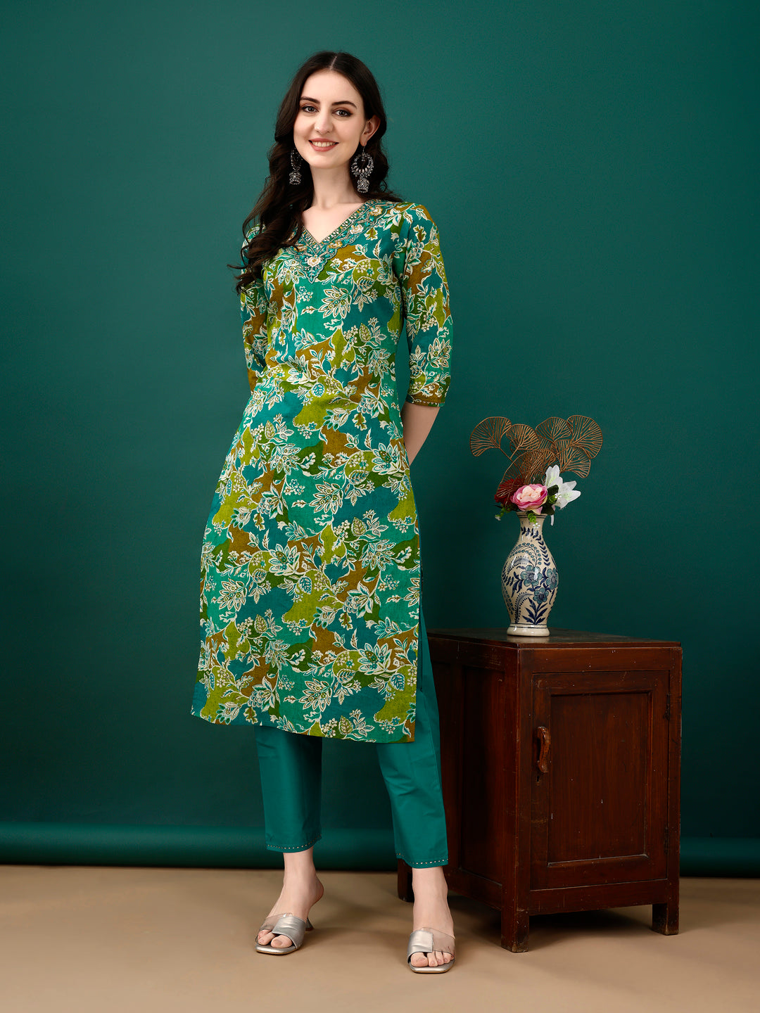 Embroidered & Floral Printed Kurta With Pant & Dupatta, Teal - Hiral Fashion | Grocsy