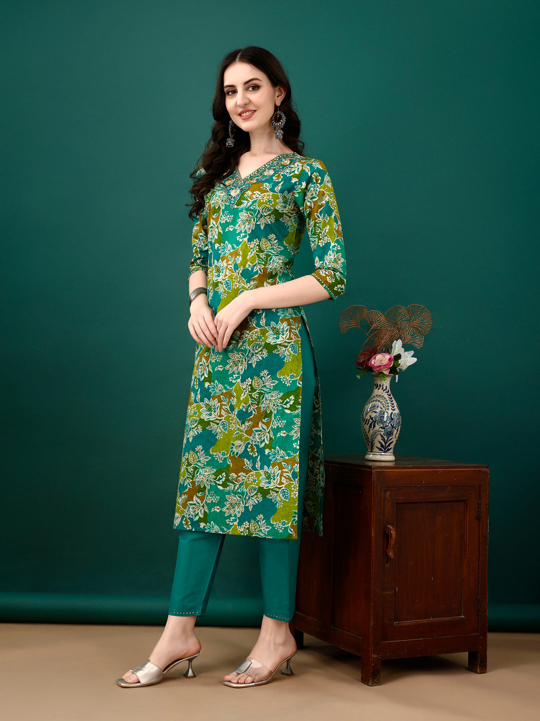 Embroidered & Floral Printed Kurta With Pant & Dupatta, Teal - Hiral Fashion | Grocsy