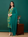 Embroidered & Floral Printed Kurta With Pant & Dupatta, Teal - Hiral Fashion | Grocsy