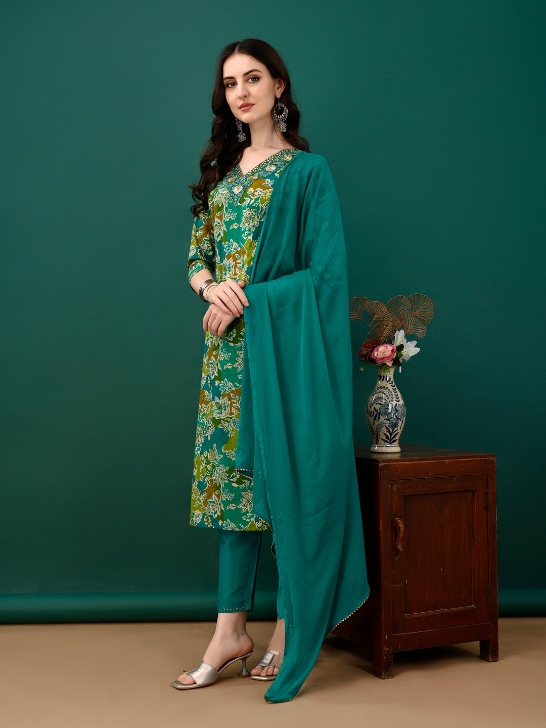 Embroidered & Floral Printed Kurta With Pant & Dupatta, Teal - Hiral Fashion | Grocsy