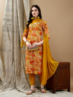 Embroidered & Floral Printed Kurta With Pant & Dupatta, Yellow - Hiral Fashion | Grocsy