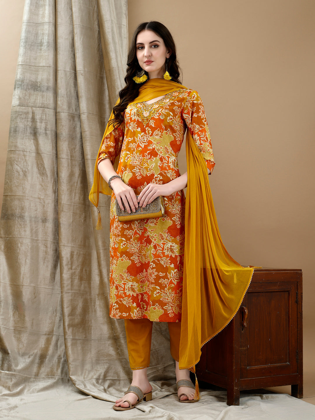 Embroidered & Floral Printed Kurta With Pant & Dupatta, Yellow - Hiral Fashion | Grocsy