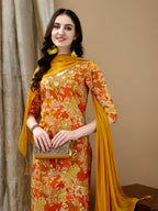Embroidered & Floral Printed Kurta With Pant & Dupatta, Yellow - Hiral Fashion | Grocsy