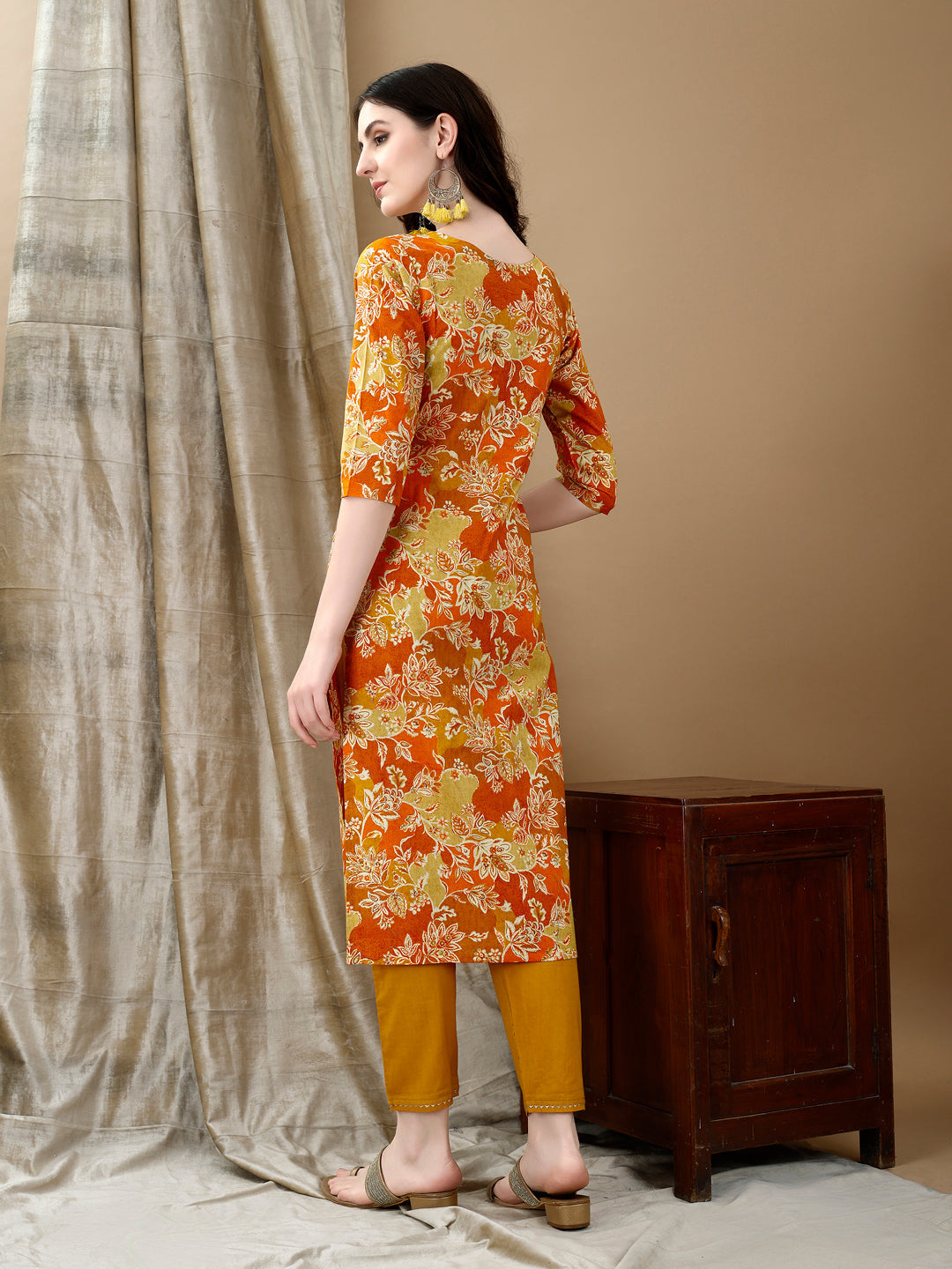 Embroidered & Floral Printed Kurta With Pant & Dupatta, Yellow - Hiral Fashion | Grocsy