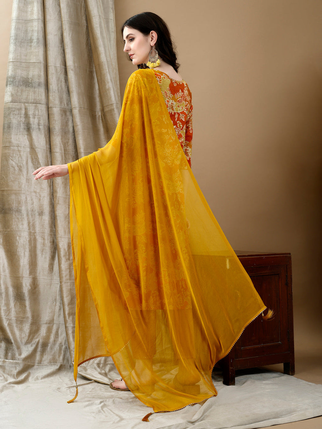 Embroidered & Floral Printed Kurta With Pant & Dupatta, Yellow - Hiral Fashion | Grocsy