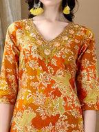 Embroidered & Floral Printed Kurta With Pant & Dupatta, Yellow - Hiral Fashion | Grocsy