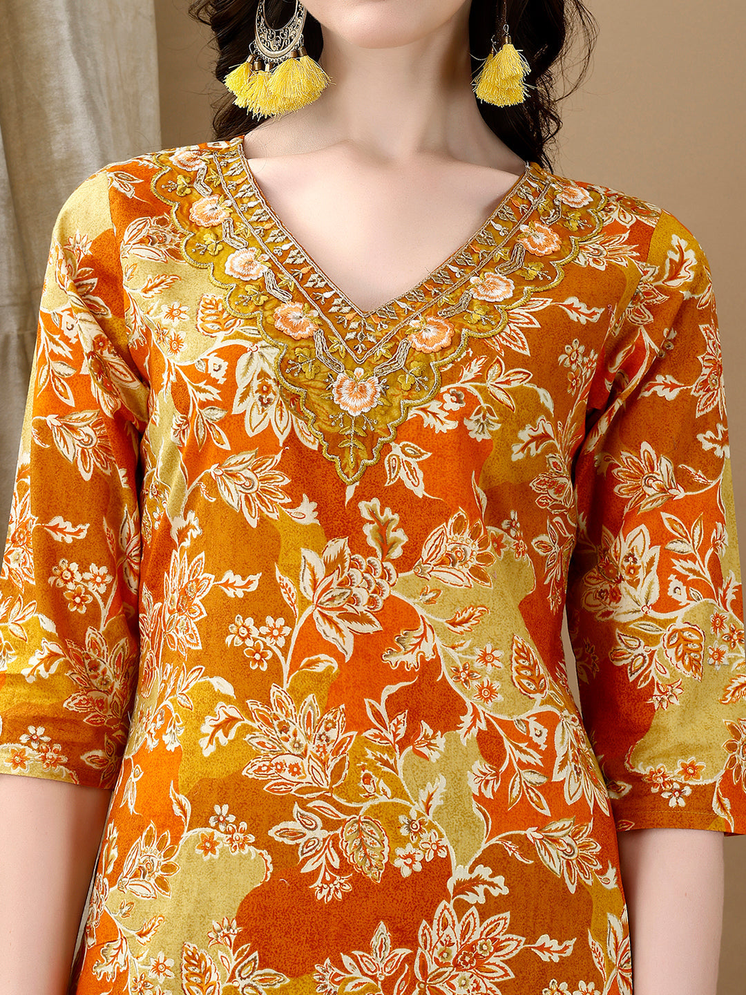 Embroidered & Floral Printed Kurta With Pant & Dupatta, Yellow - Hiral Fashion | Grocsy