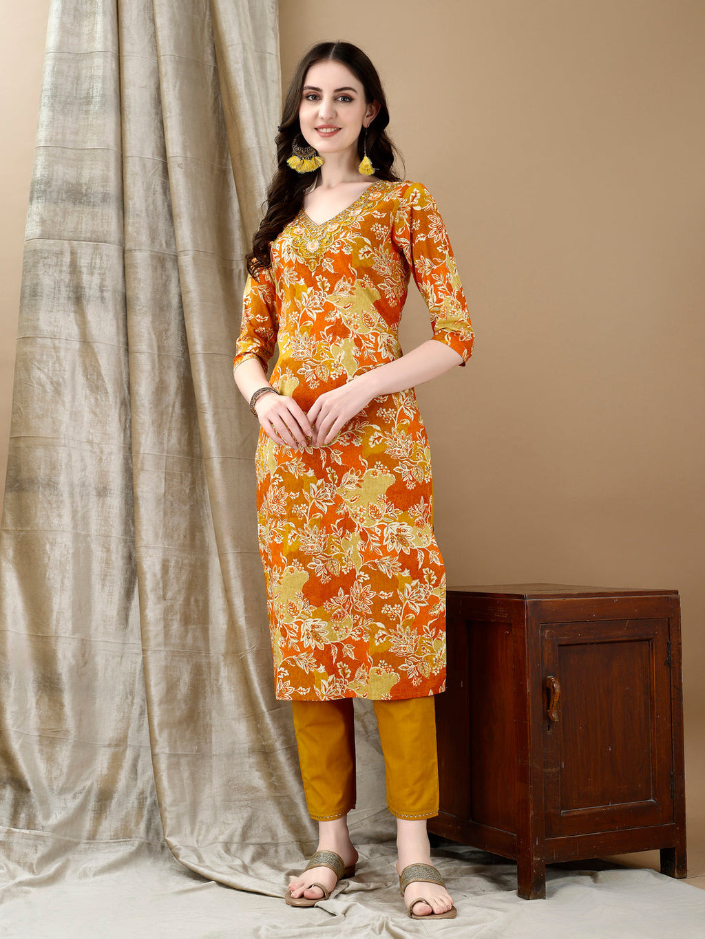 Embroidered & Floral Printed Kurta With Pant & Dupatta, Yellow - Hiral Fashion | Grocsy