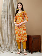 Embroidered & Floral Printed Kurta With Pant & Dupatta, Yellow - Hiral Fashion | Grocsy