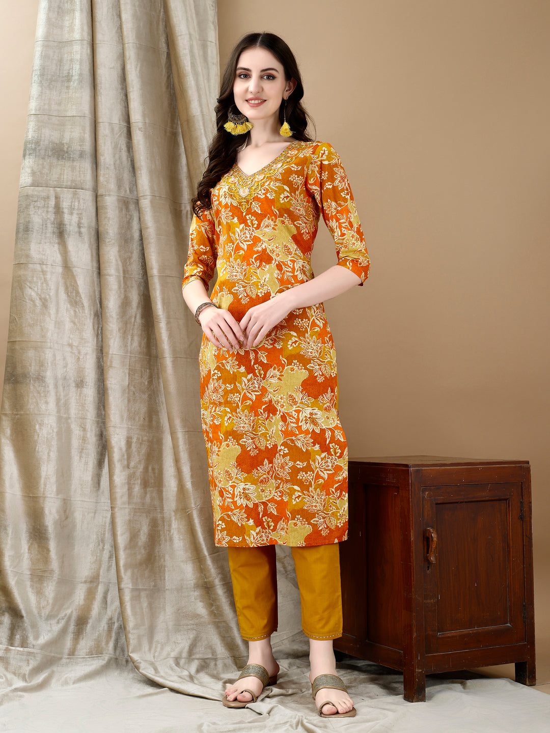 Embroidered & Floral Printed Kurta With Pant & Dupatta, Yellow - Hiral Fashion | Grocsy