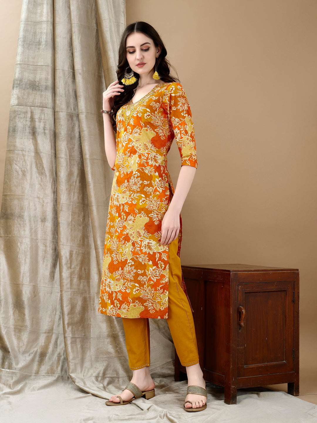 Embroidered & Floral Printed Kurta With Pant & Dupatta, Yellow - Hiral Fashion | Grocsy