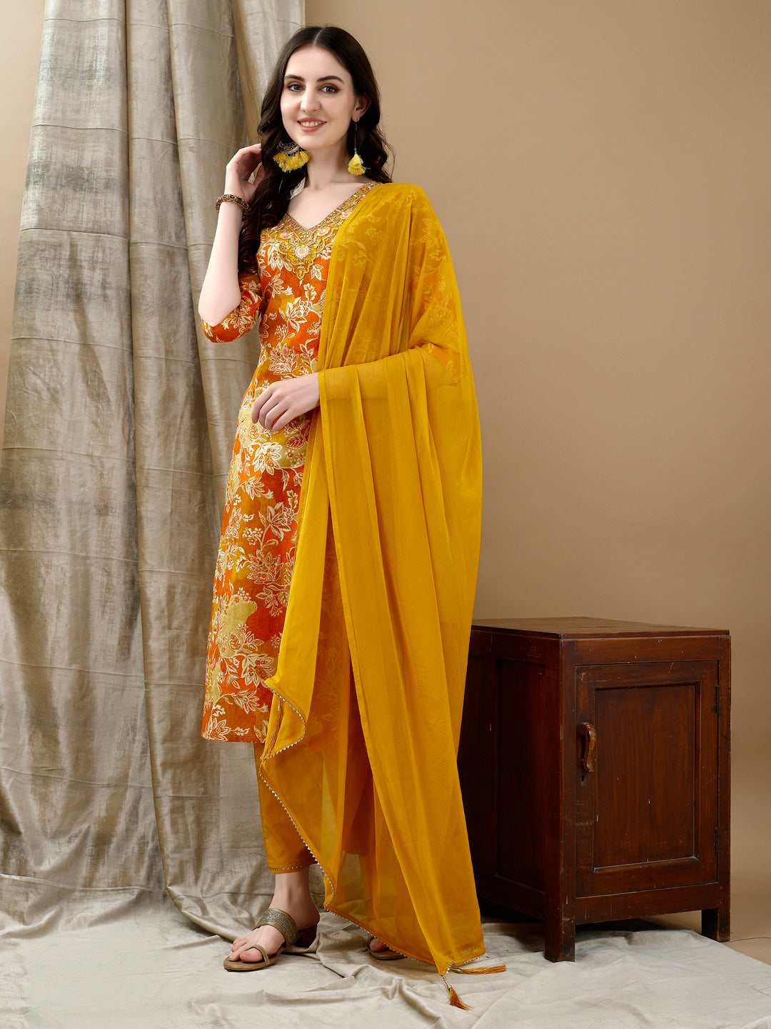 Embroidered & Floral Printed Kurta With Pant & Dupatta, Yellow - Hiral Fashion | Grocsy