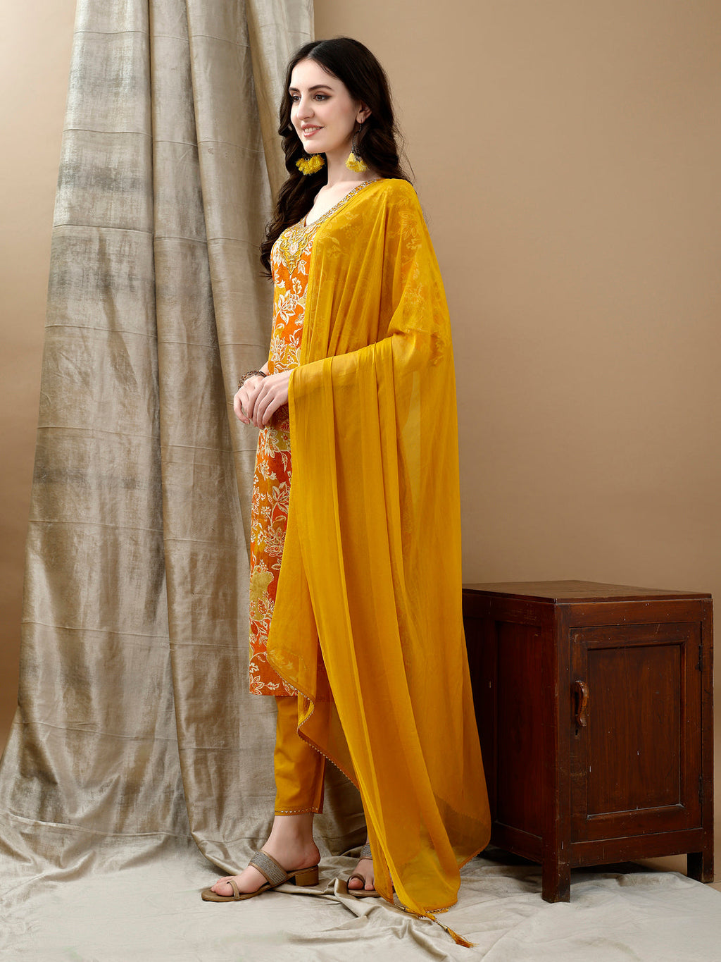 Embroidered & Floral Printed Kurta With Pant & Dupatta, Yellow - Hiral Fashion | Grocsy